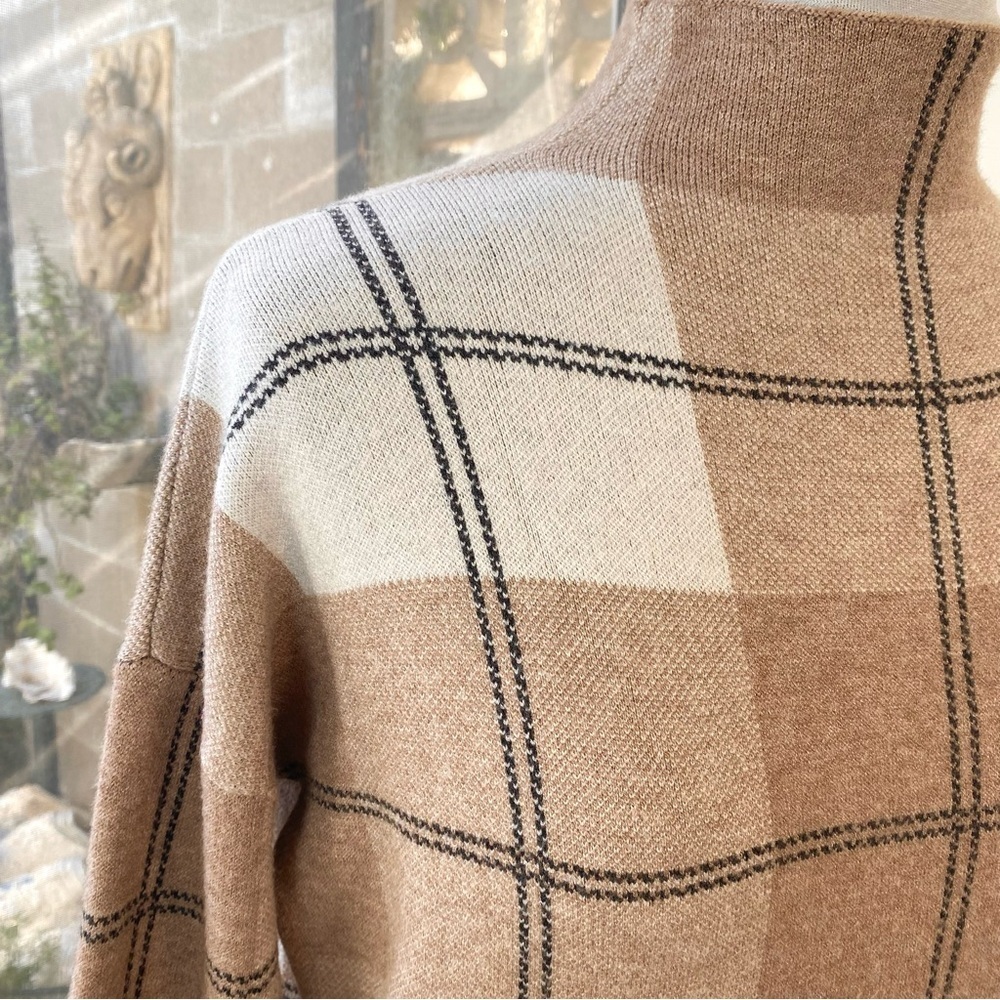 Rachel Zoe Neutral Plaid Mock Neck Sweater Cozy Winter Minimalist Knit, Size M - Picture 3 of 8